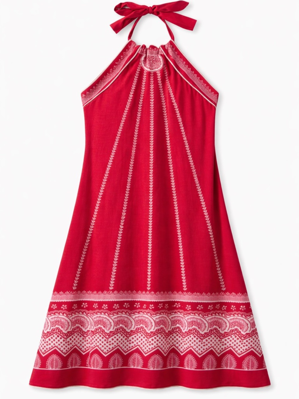 Max Studio NWT Red Halter Dress XS Border Print Tie Neck Sundress